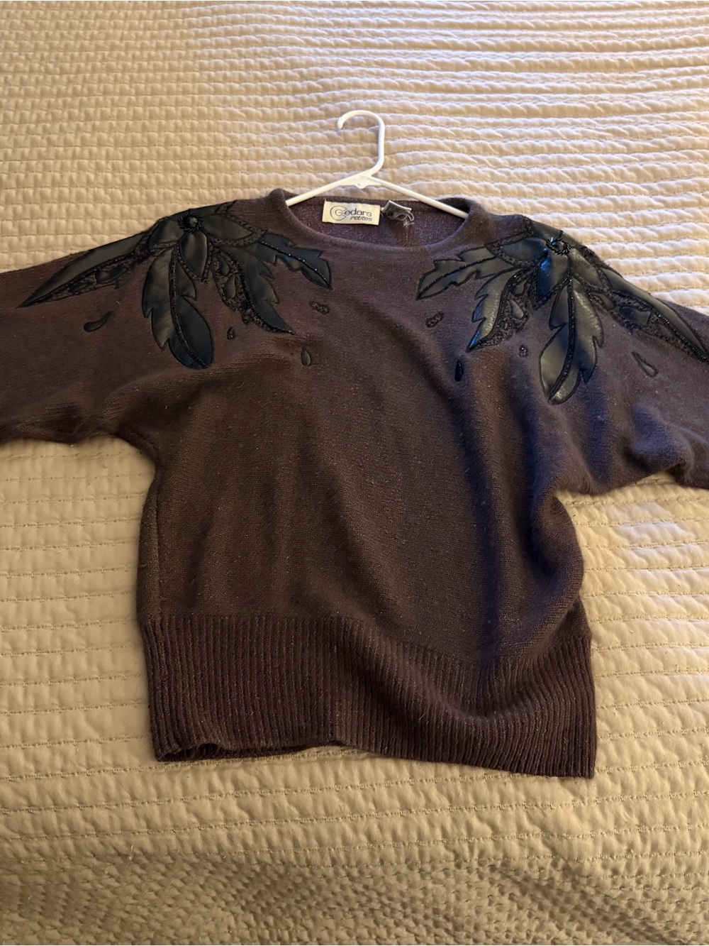Coldwater Creek Dark Brown Crewneck Sweater with Feather Appliqué
